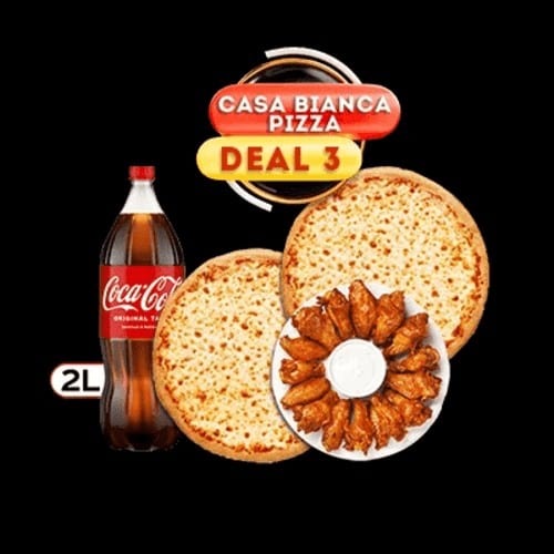 2 Large Cheese Pizzas, 10 Wings, & 2 Ltr Soda.