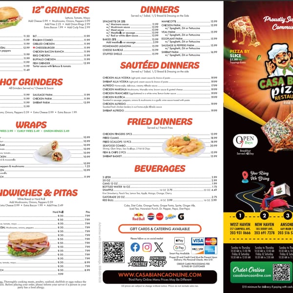 A full menu for Casa Bianca Pizza Restaurant, featuring grinders, dinners, wraps, sandwiches, and fried items.