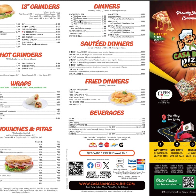 A full menu for Casa Bianca Pizza Restaurant, featuring grinders, dinners, wraps, sandwiches, and fried items.