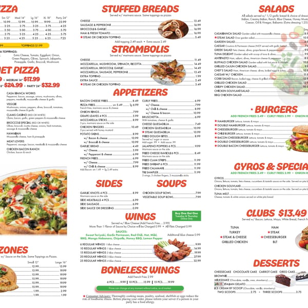 A full menu for a restaurant, featuring pizzas, stuffed breads, strombolis, appetizers, salads, burgers, gyros, clubs, wings, boneless wings, sides, soups, and desserts.