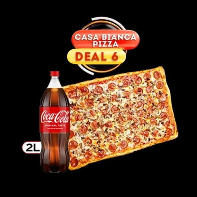Party Size Pizza w/ 3 toppings & 2 liter Soda.