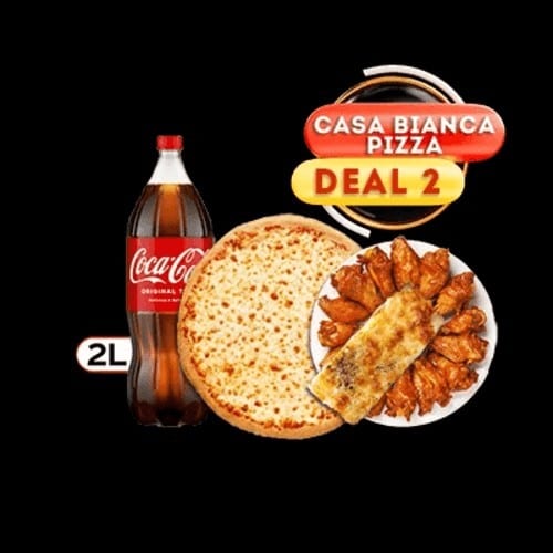 Large Cheese Pizza, 10 Wings, Garlic Bread with Cheese & 2 Ltr Soda.