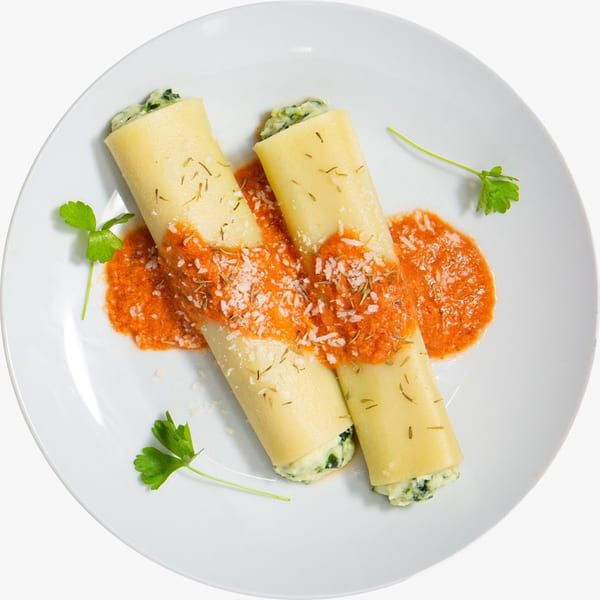 Two spinach and ricotta cannelloni topped with tomato sauce, parmesan, and herbs on a white plate.