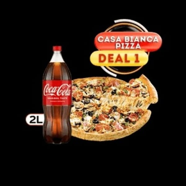 Casa Bianca Pizza Deal 1: a large pizza with toppings and a 2L bottle of Coca-Cola.