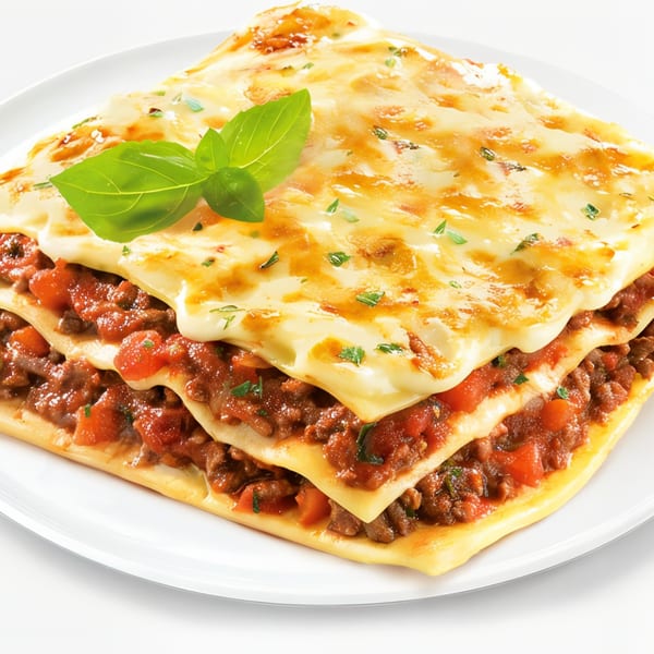 A square serving of lasagna with layers of pasta, meat sauce, and melted cheese, garnished with basil.