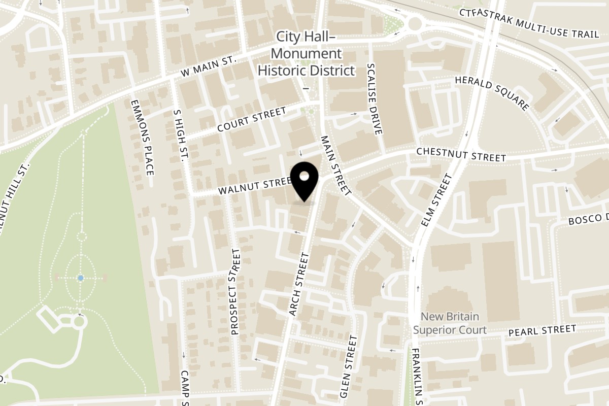 Map showing the location of Casa Bianca Pizza New Britain on 45 Arch St in New Britain